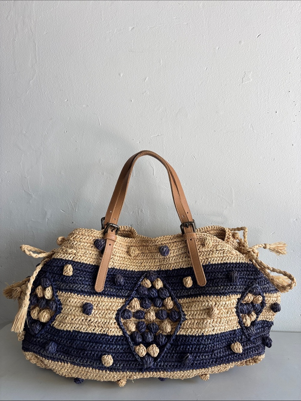 Gerard Darel 24 Hour Ibiza Raffia/Leather Navy and Natural Woven Tote